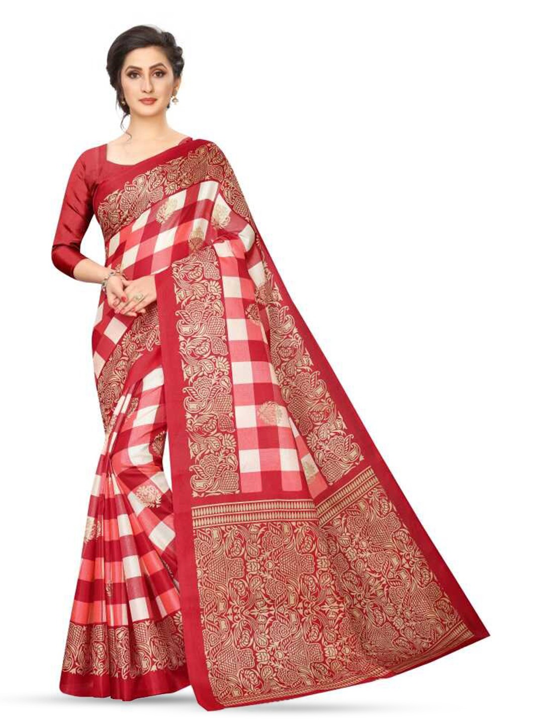 

Mitera Red & White Checked Art Silk Saree