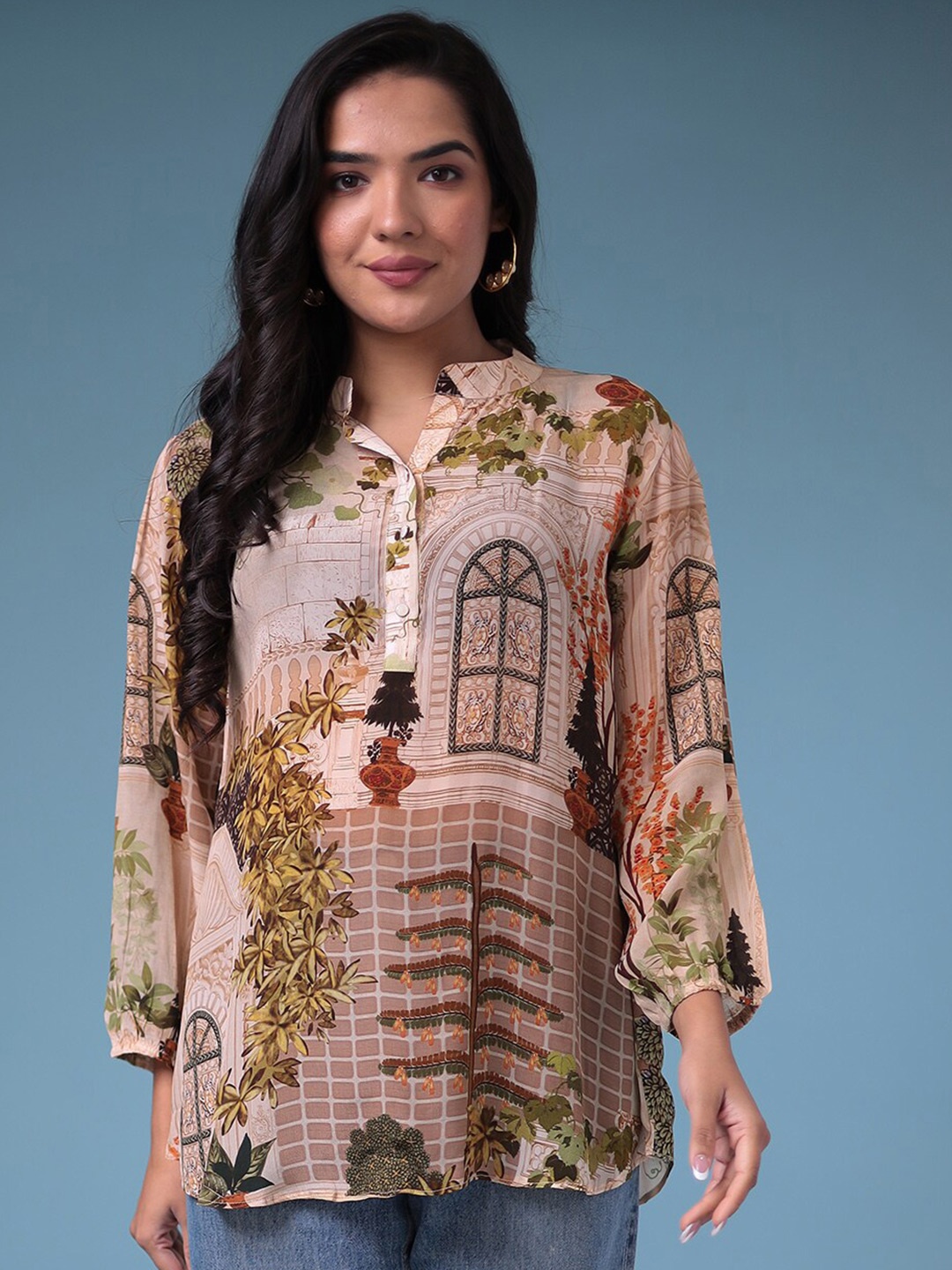 

ZARI Graphic Printed Mandarin Collar Modal Tunic, Cream