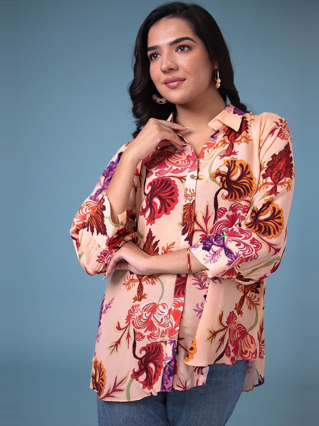 

ZARI Floral Printed Shirt Collar Modal Tunic, Peach