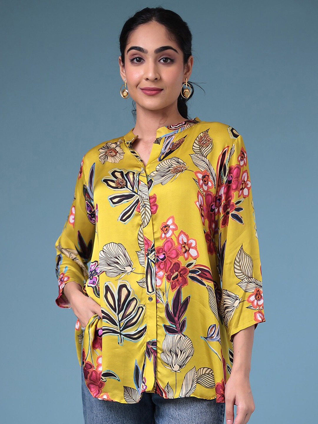 

ZARI Floral Printed Mandarin Collar Modal Tunic, Yellow