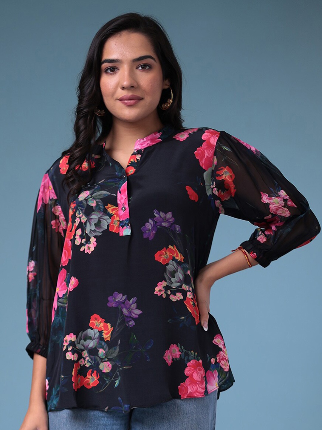 

ZARI Floral Printed Mandarin Collar Modal Tunic, Black