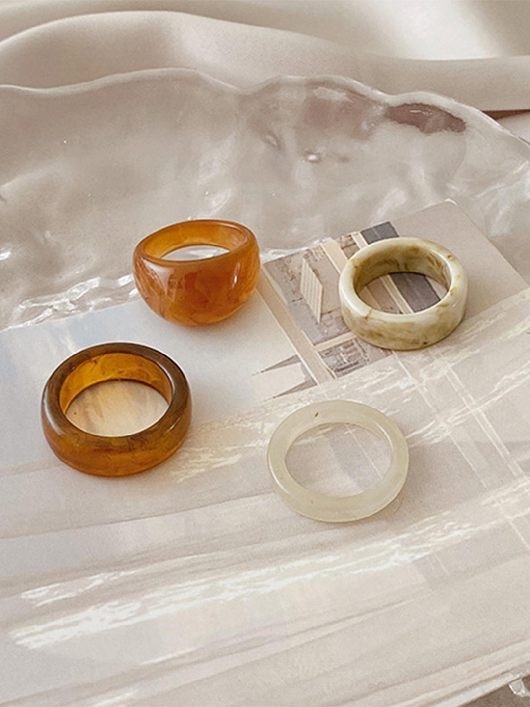 

Lyla Set Of 14 Unique Design Resin Adjustable Finger Ring, Beige