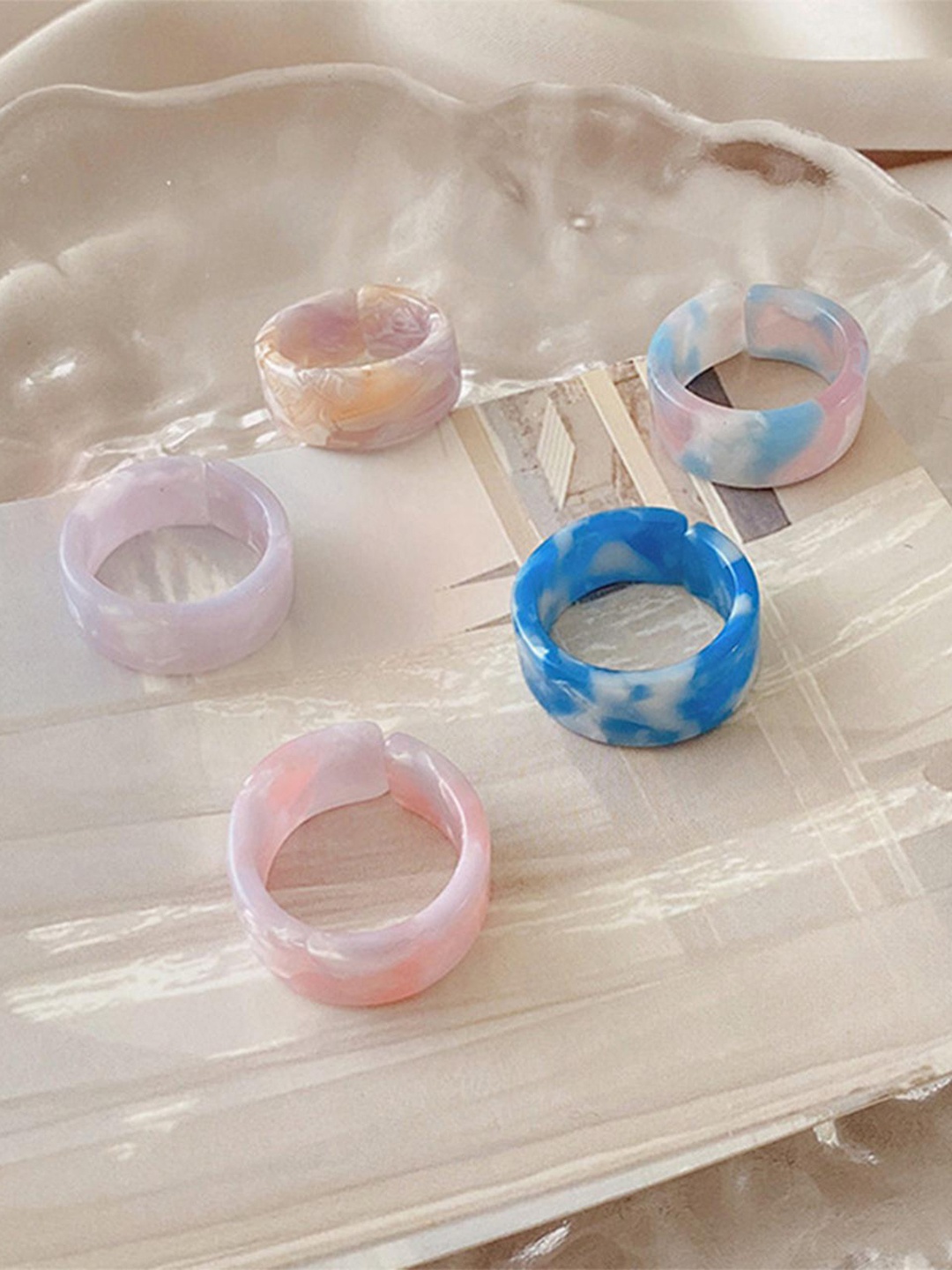 

Lyla Set Of 5 Unique Design Resin Adjustable Finger Ring, Pink