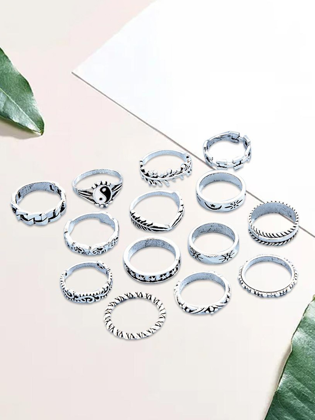 

Lyla Set Of 14 Intricate Textured Finger Rings, Silver