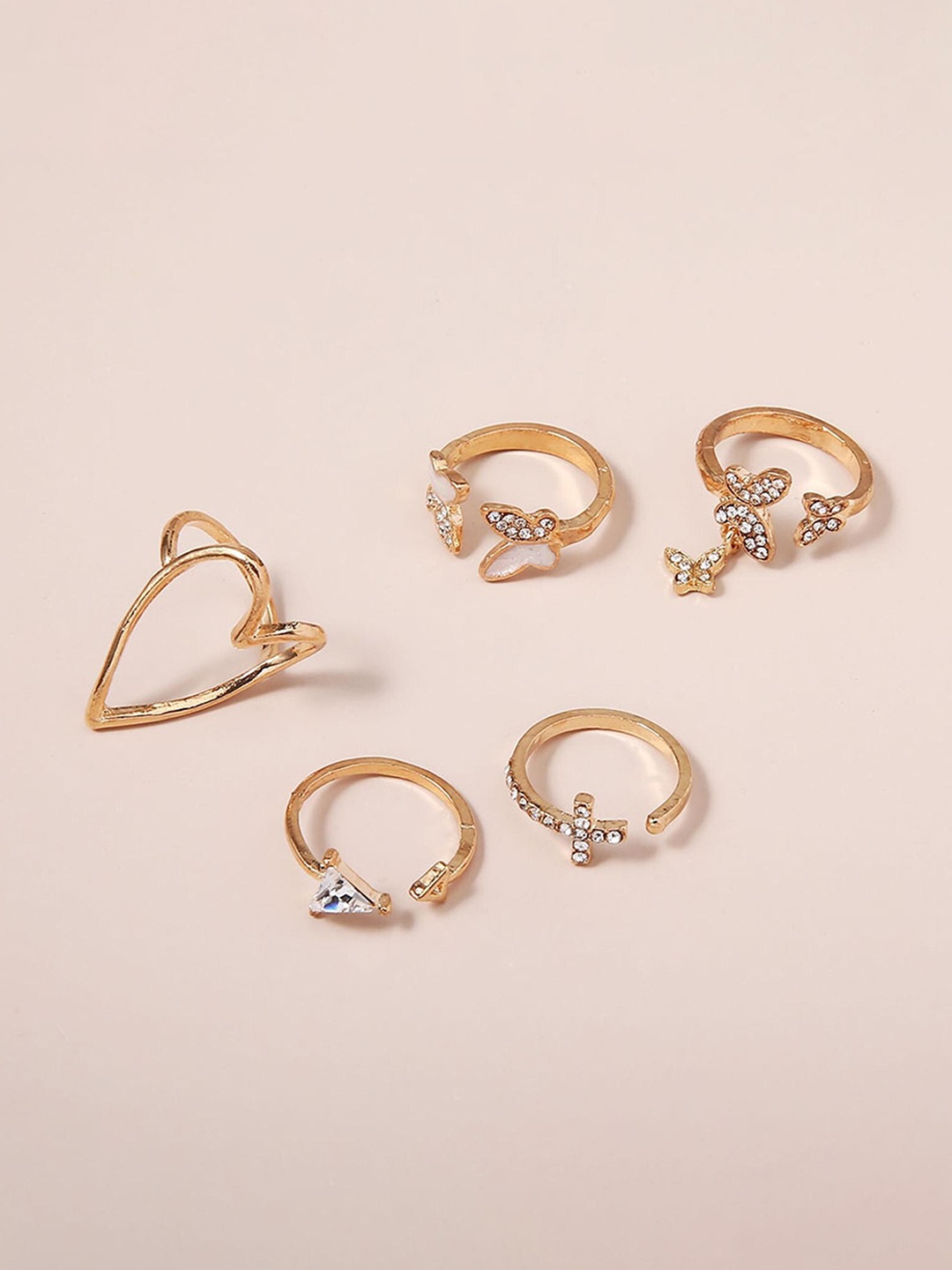 

Lyla Set Of 5 Stone-Studded Adjustable Finger Rings, Gold