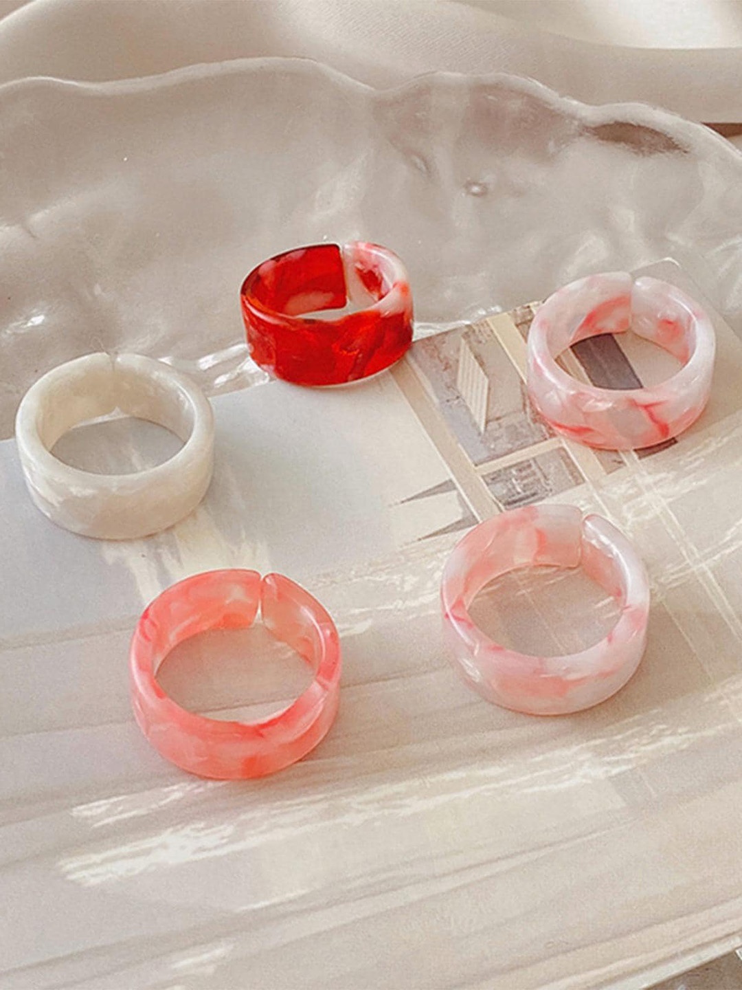 

Lyla Set Of 5 Open Shape Finger Rings, Pink