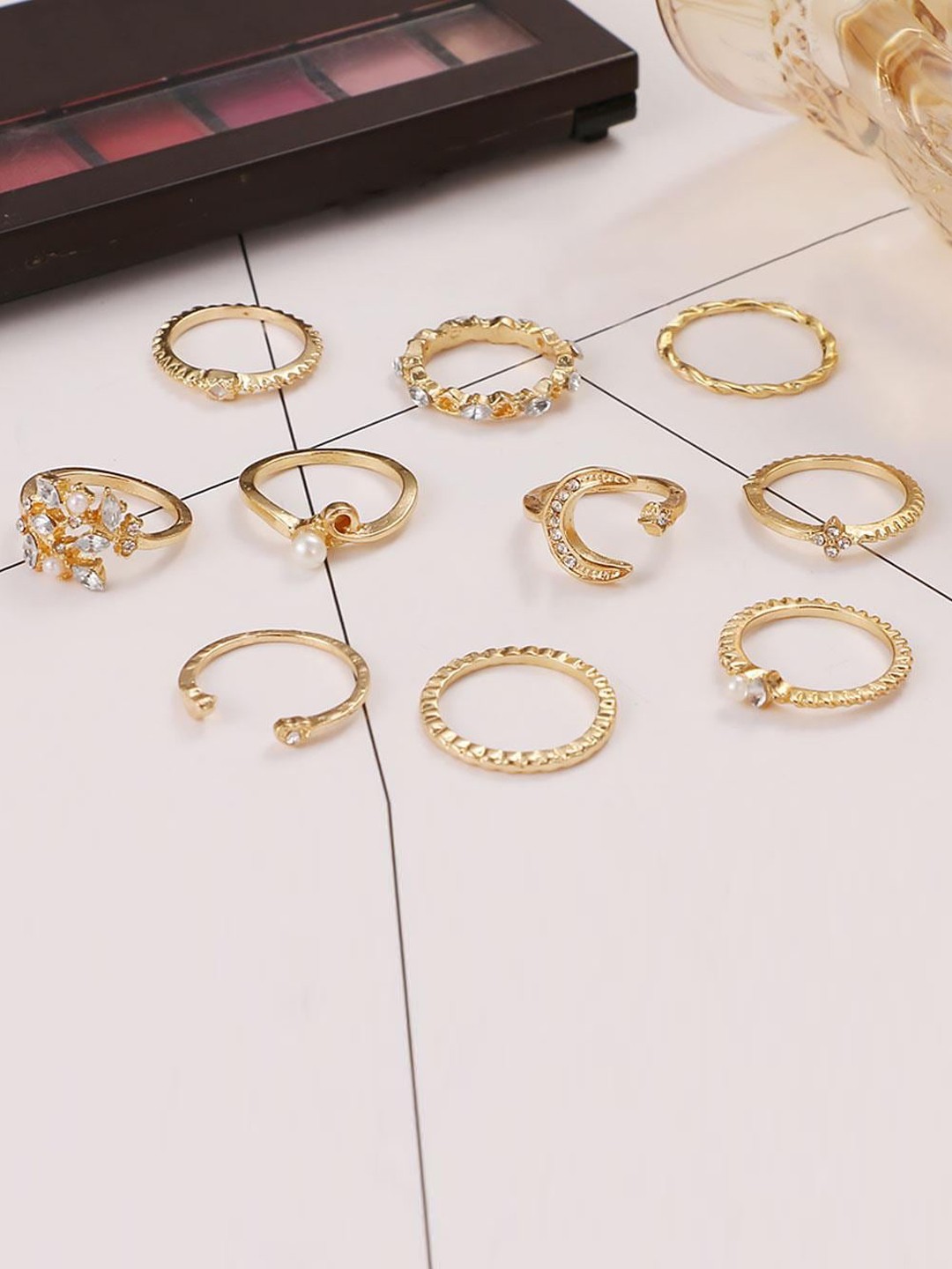 

Lyla Set Of 10 Stone-Studded Adjustable Finger Rings, Gold