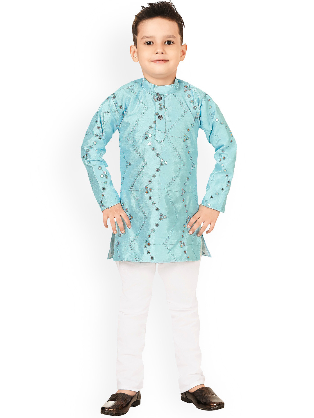 

BAESD Boys Blue Embroidered Regular Mirror Work Kurta with Pyjamas