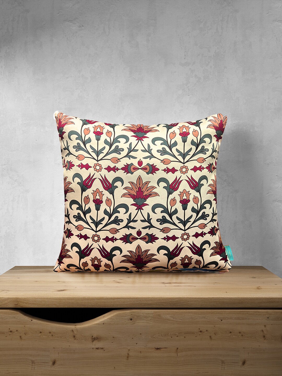 

Tasseled Home Cream-Coloured & Green Ethnic Motifs Satin Square Cushion Cover