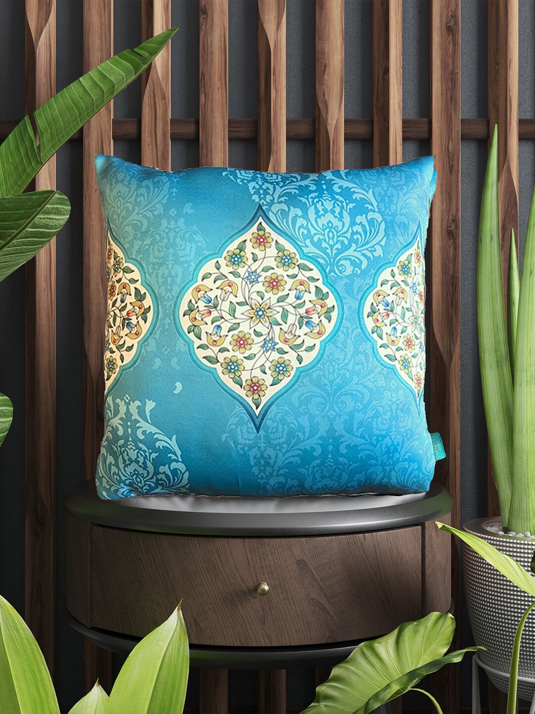 

Tasseled Home Turquoise Blue & Green Ethnic Motifs Satin Square Cushion Cover