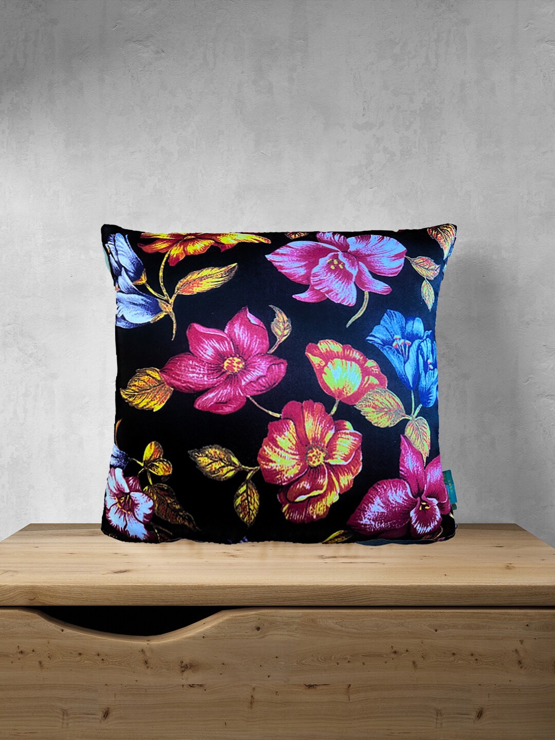 

Tasseled Home Black & Blue Floral Satin Square Cushion Cover