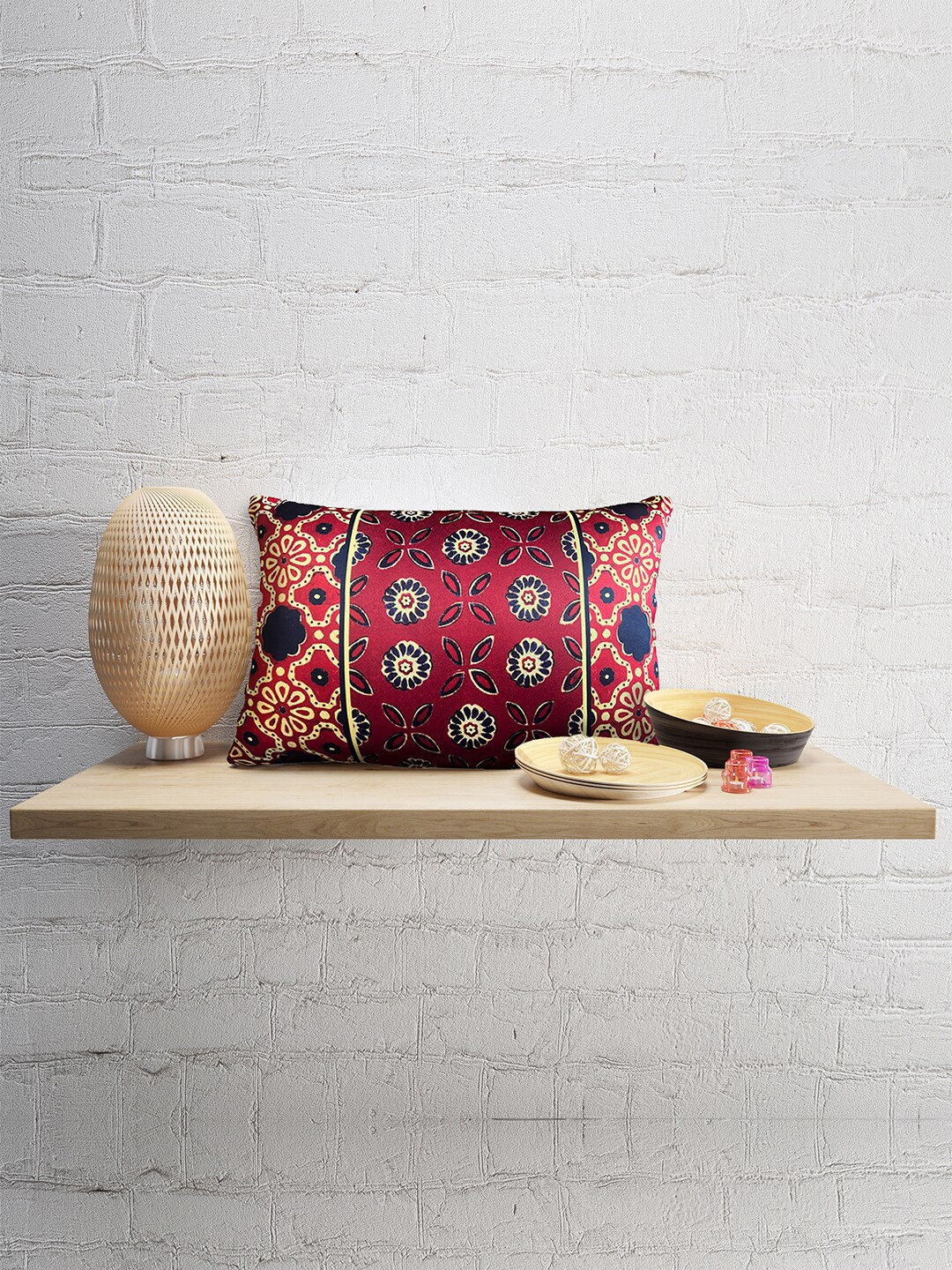 

Tasseled Home Red & Beige Ethnic Motifs Satin Rectangle Cushion Cover