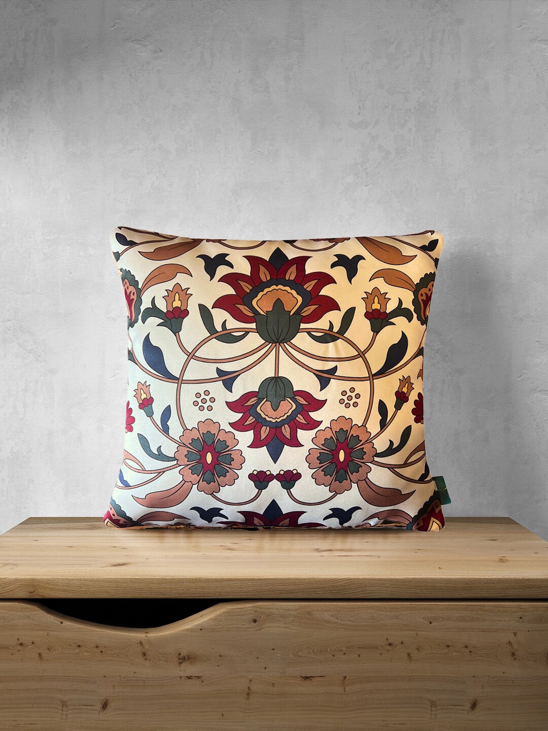 

Tasseled Home Cream-Coloured & Brown Floral Satin Square Cushion Cover