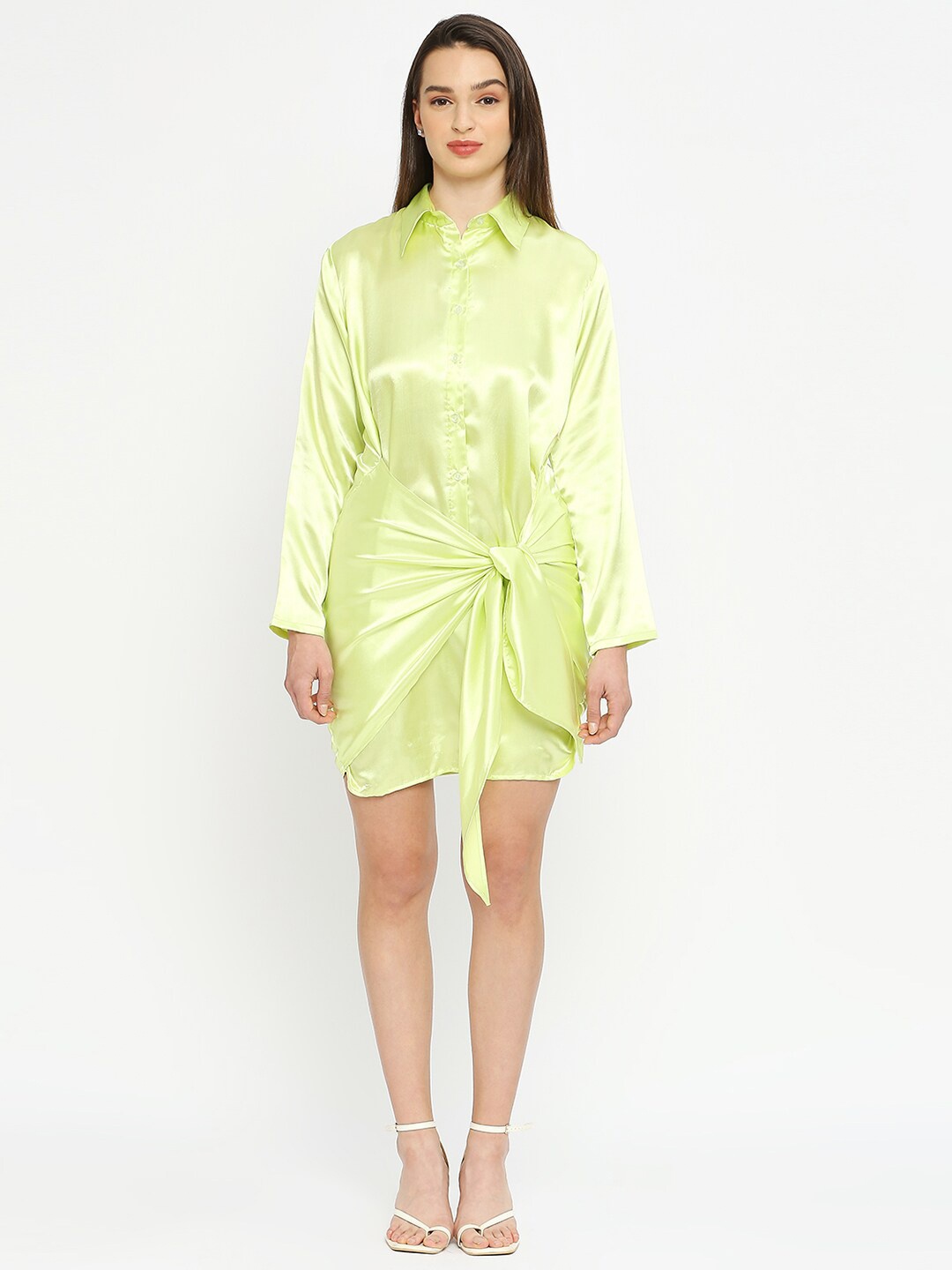 

EMBLAZE Tie-Up Satin Shirt Above Knee Dress, Green