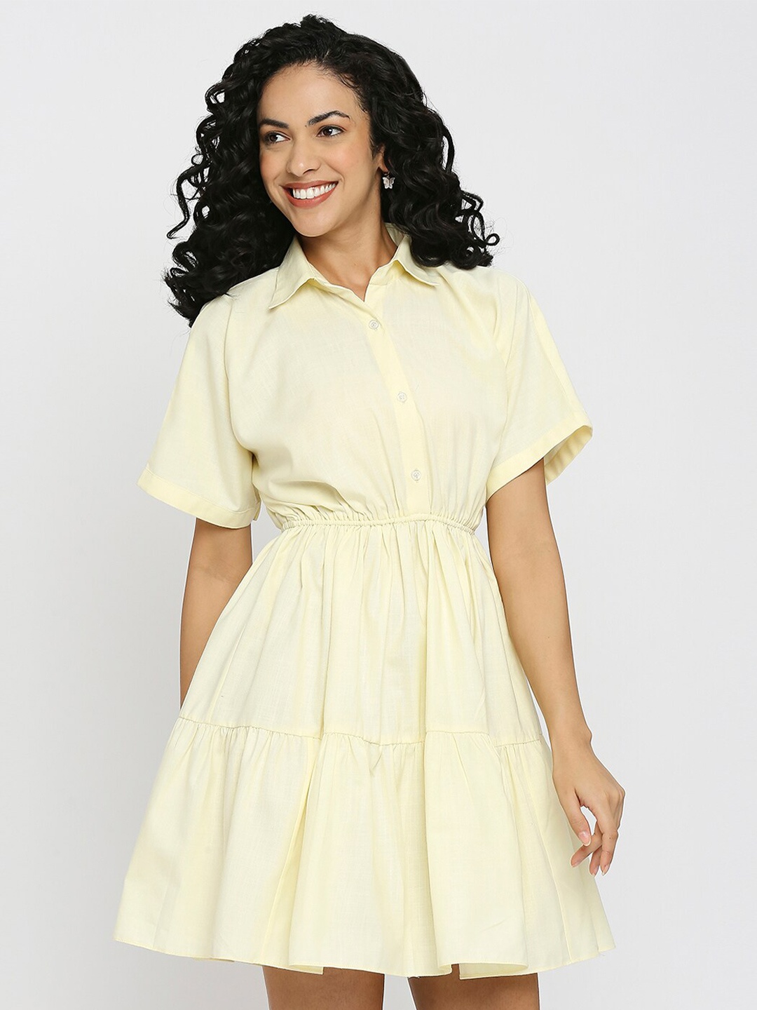 

EMBLAZE Shirt Collar Tiered Cotton Fit & Flare Above Knee Dress, Yellow
