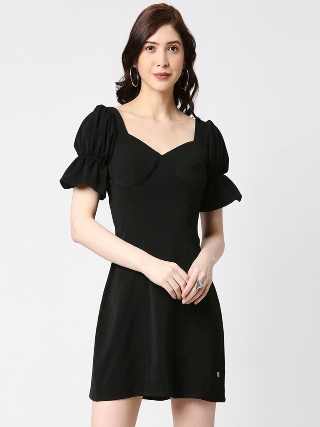 

EMBLAZE Puff Sleeves Sweetheart Neck A-Line Dress, Black