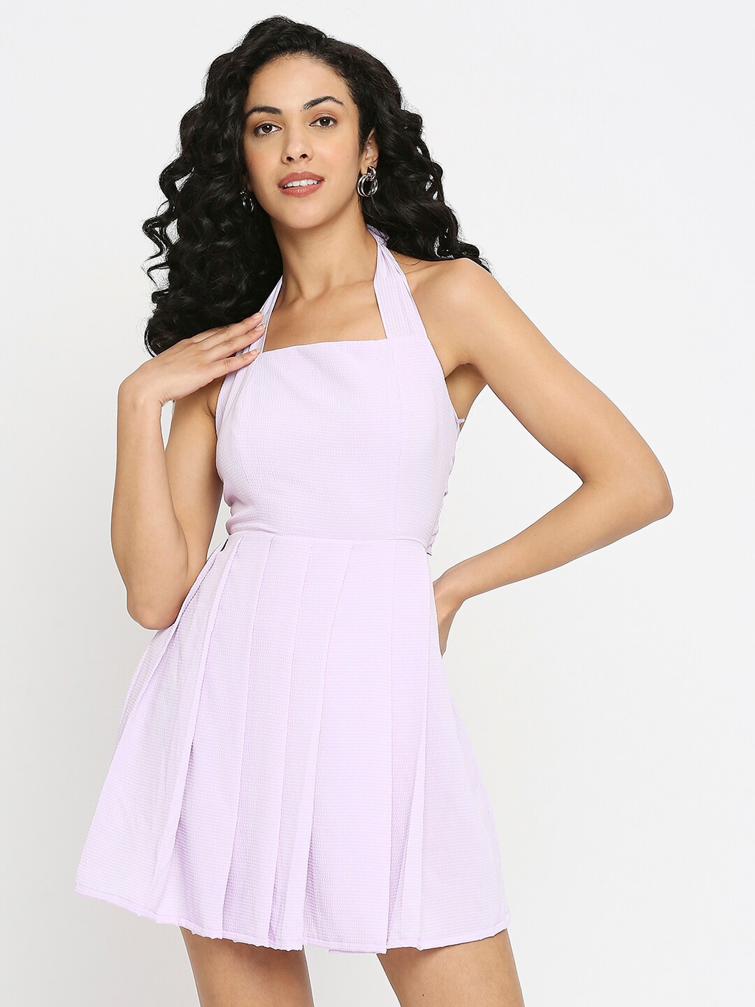 

EMBLAZE Self Design Halter Neck Pleated Tie-Ups Fit & Flare Mini Dress, Purple