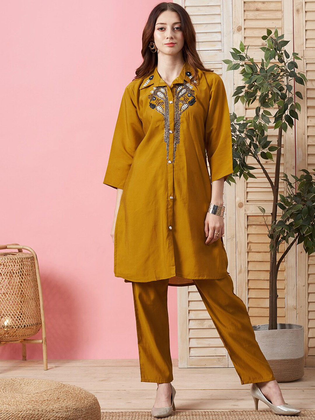 

Kiana Floral Embroidered Shirt Collar Beads and Stones Kurta With Trouser, Mustard