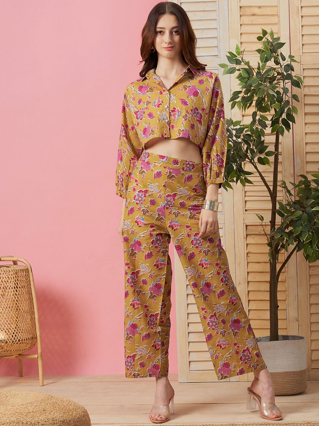

Kiana House Of Fashion Floral Printed Crop Shirt With Trousers Co-Ords, Mustard