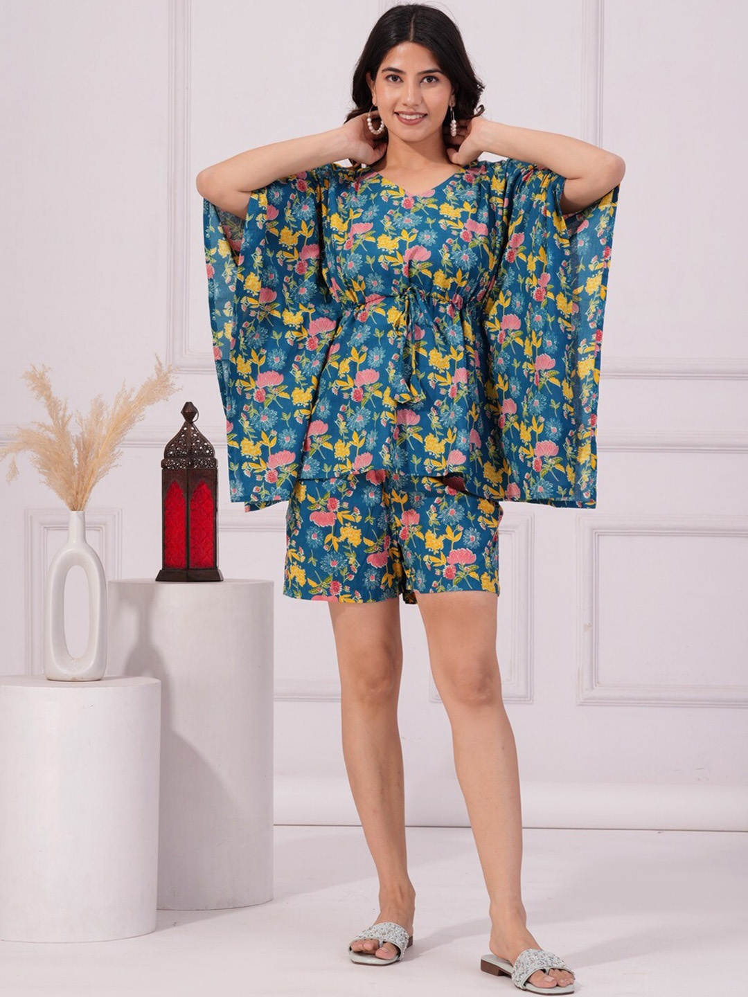 

Vastralay Floral Printed Pure Cotton Kaftan Tunic With Flared Short, Blue