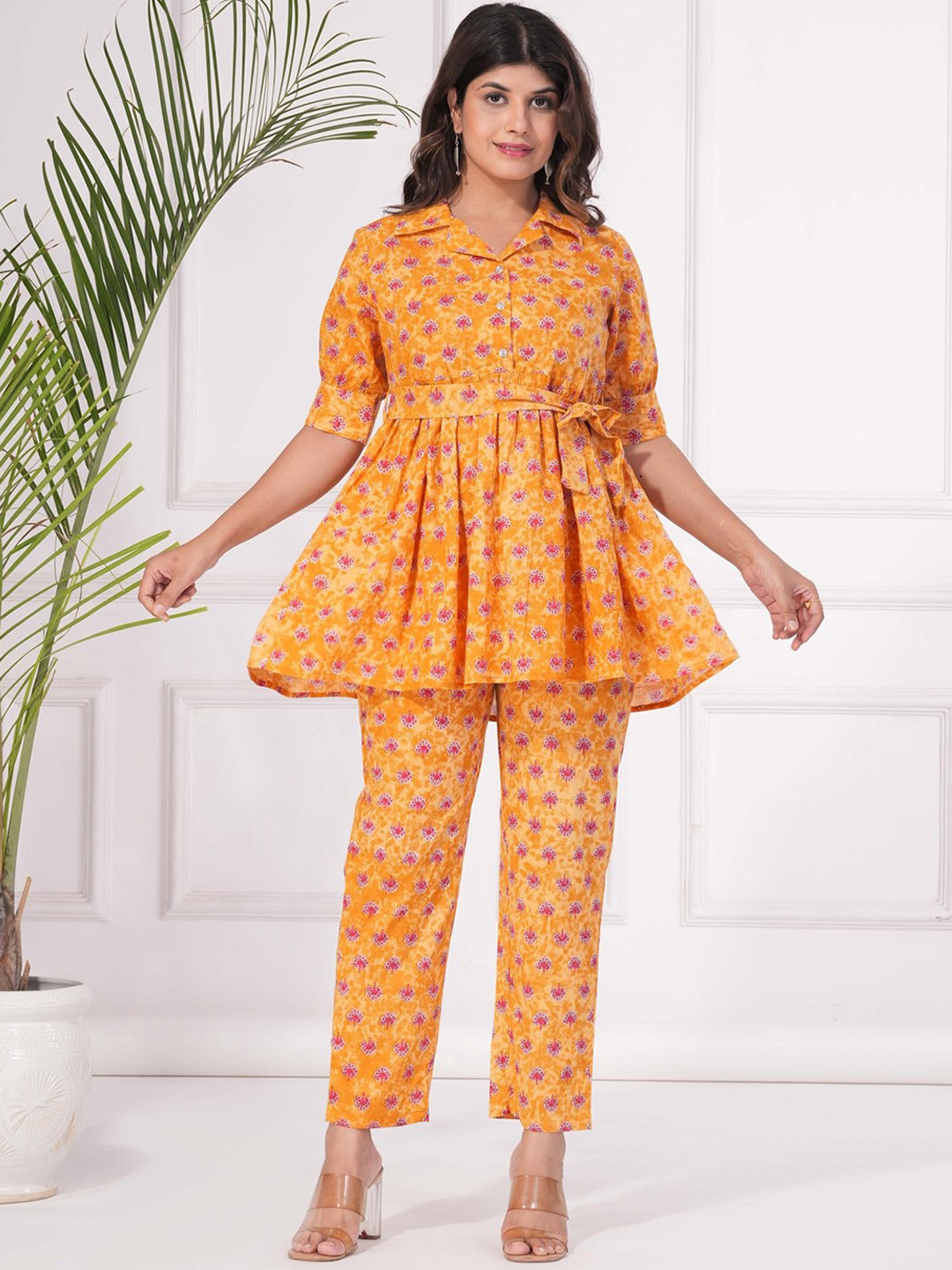 

Vastralay Ethnic Motifs Printed Pure Cotton Peplum Top & Trousers, Orange