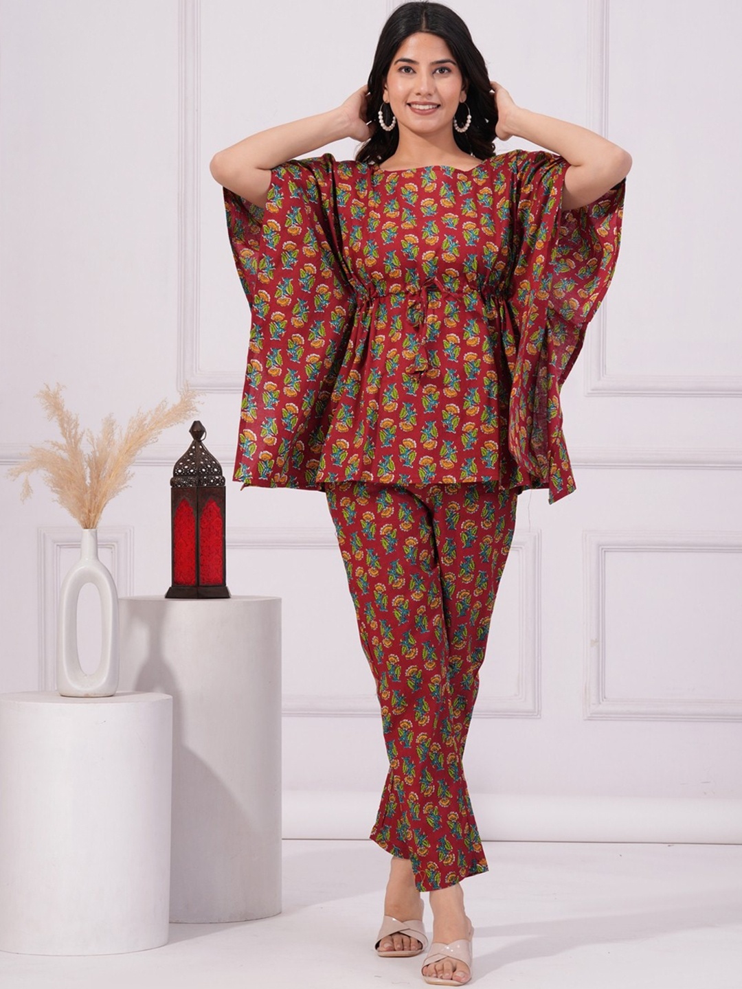 

Vastralay Floral Printed Pure Cotton Kaftan Tunic With Flared Palazzos, Maroon