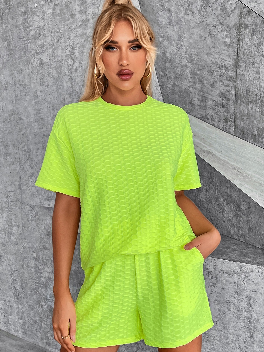 

LULU & SKY Self Design Round Neck Top & Shorts, Lime green