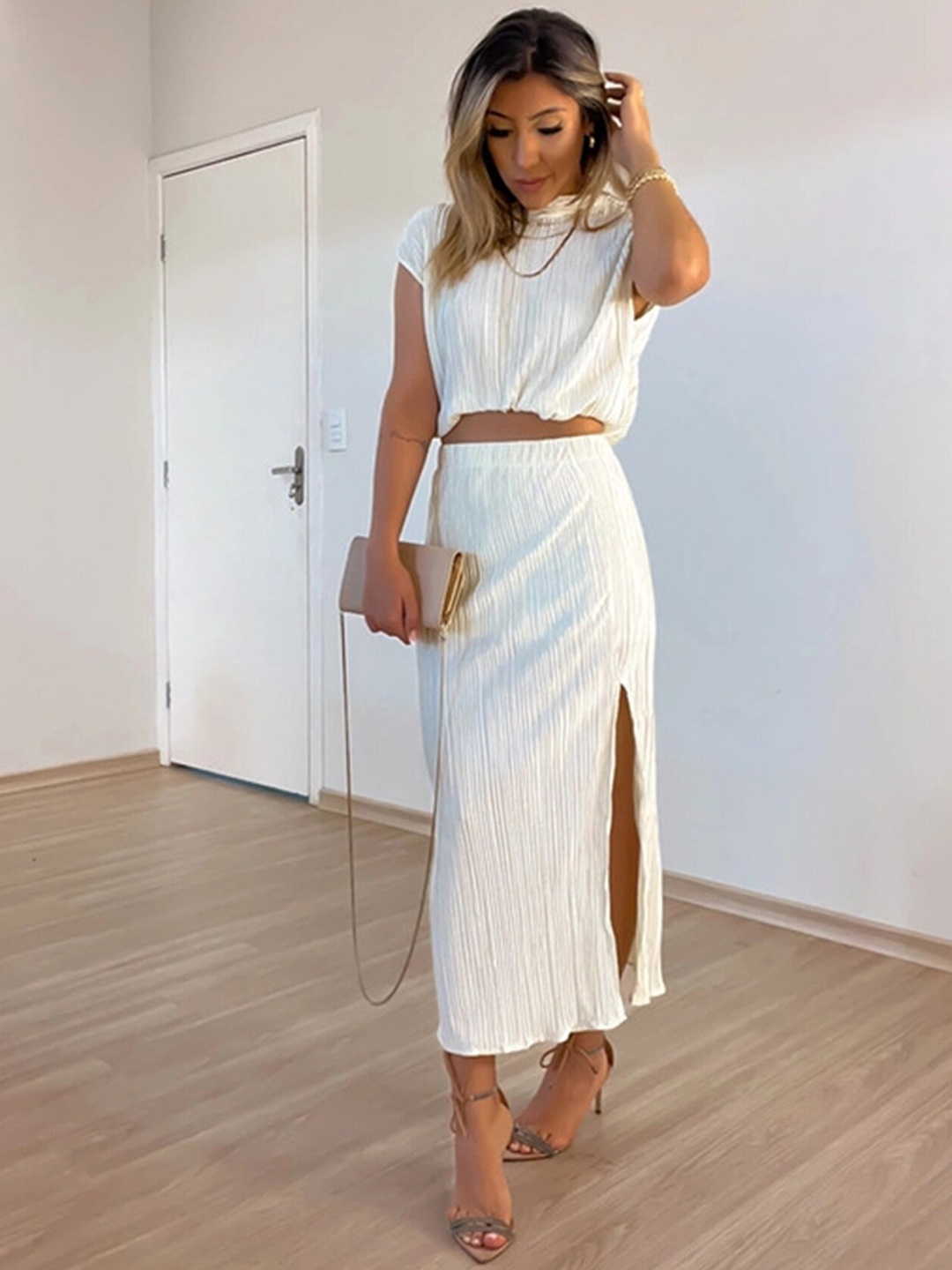 

LULU & SKY Crop Top With High-Waist Midi Skirt, White