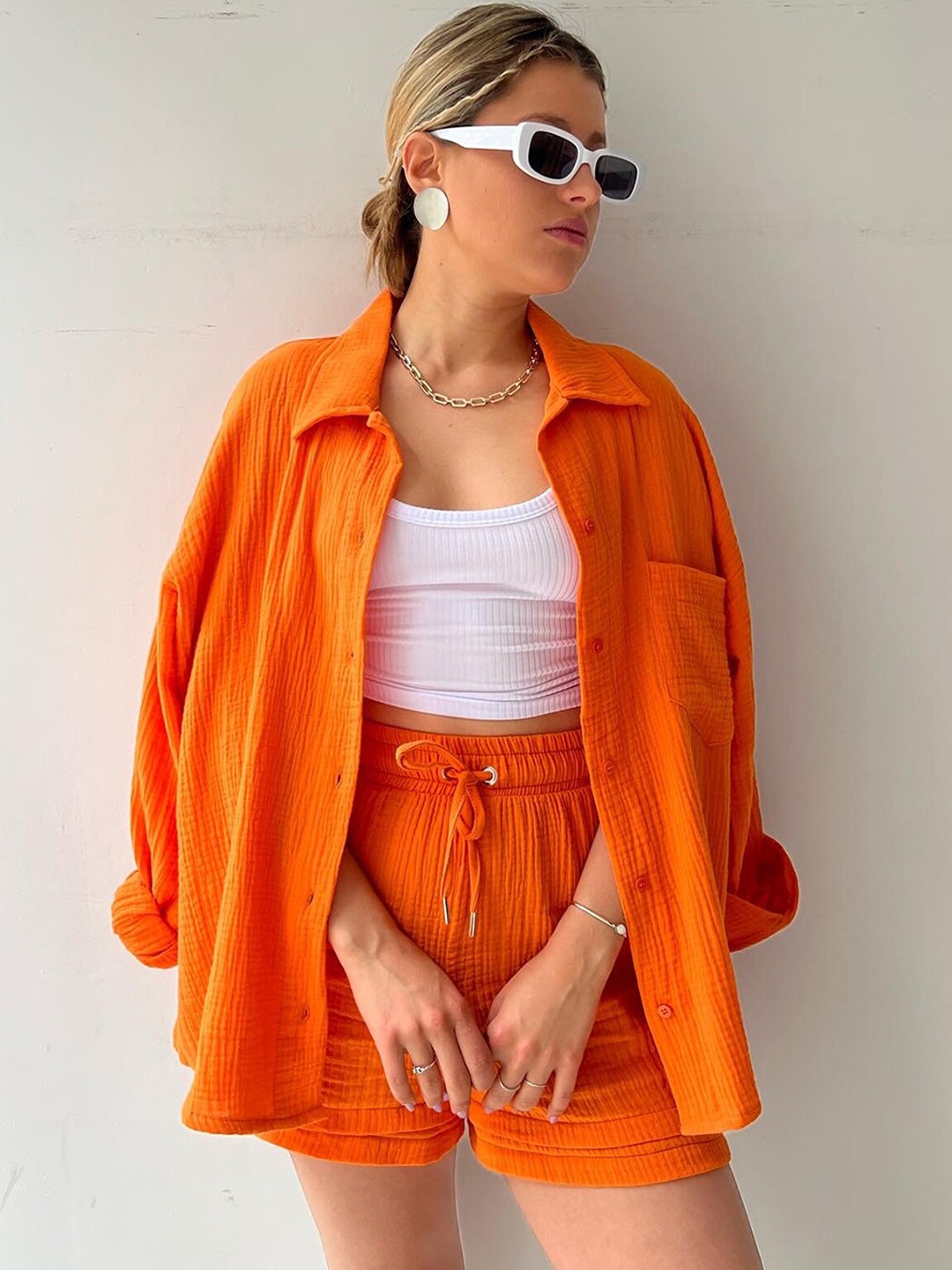 

LULU & SKY Long Sleeves Shirt With Shorts, Orange