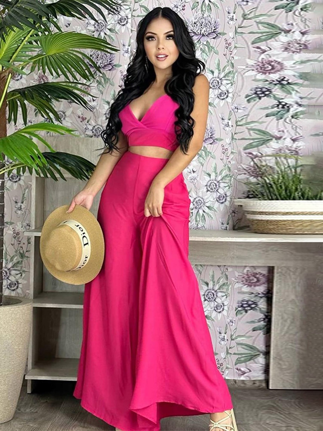 

LULU & SKY V-Neck Crop Top With High-Rise Palazzo Co-ords, Pink