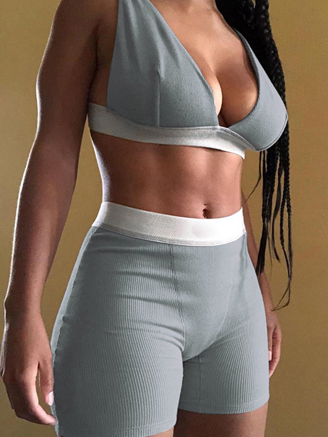 

LULU & SKY Ribbed V-Neck Slim Fit Sports Bra With Shorts, Grey