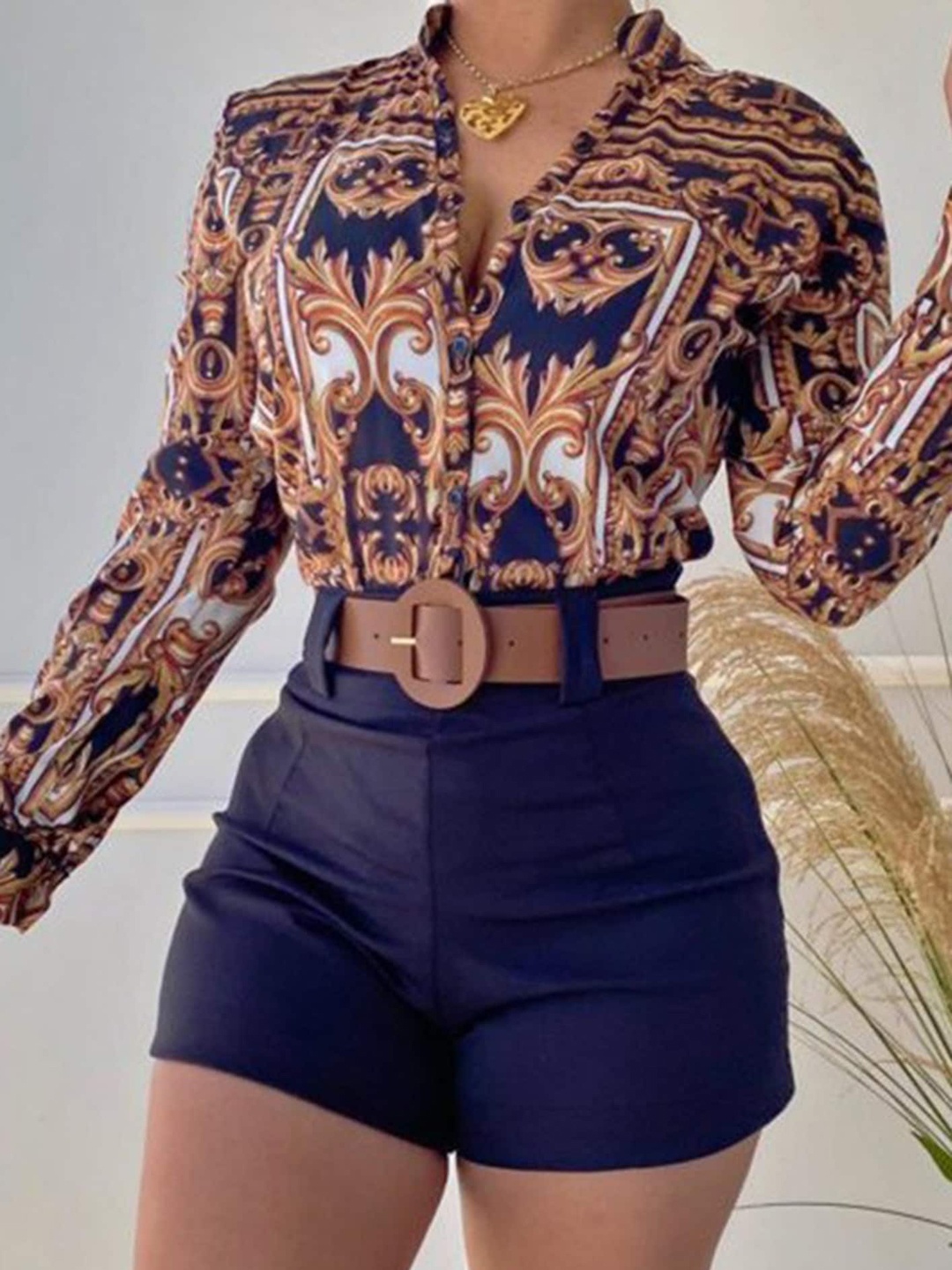 

LULU & SKY Ethnic Motifs Printed Shirt With Shorts Co-Ords, Coffee brown
