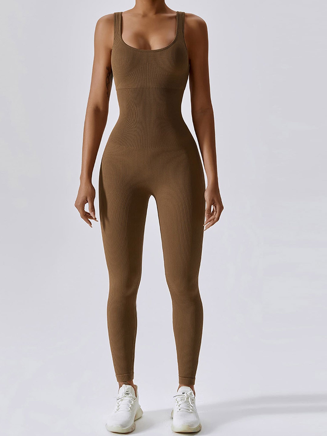 

LULU & SKY Shoulder Straps Sports Jumpsuit, Brown