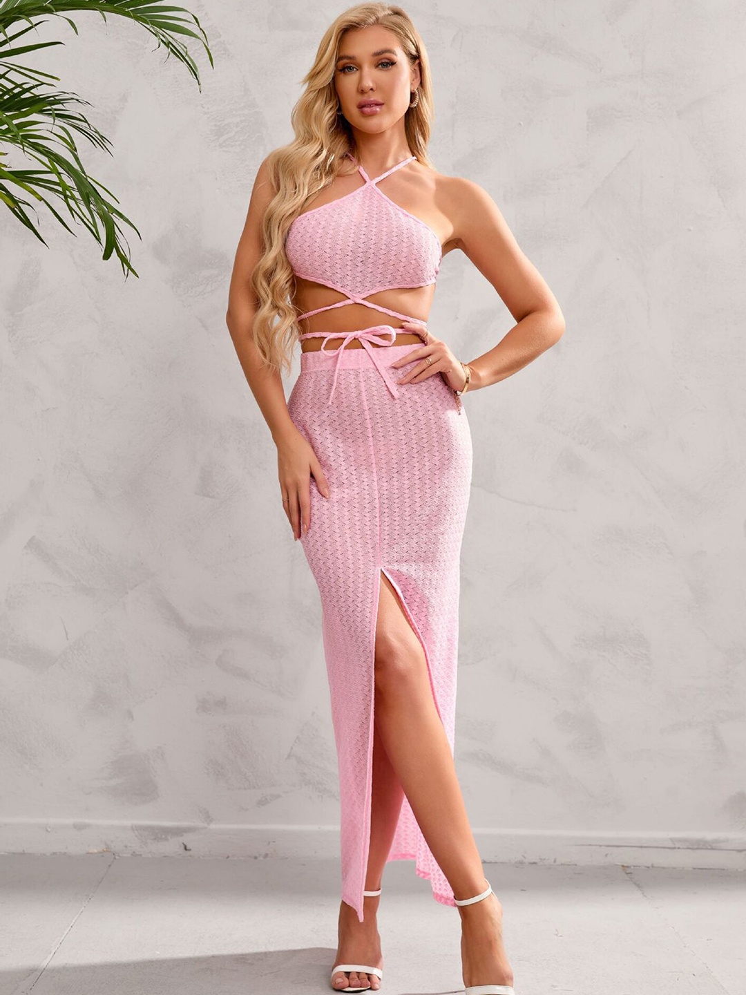 

LULU & SKY Self-Design Halter Neck Top With Skirt Co-Ords, Pink