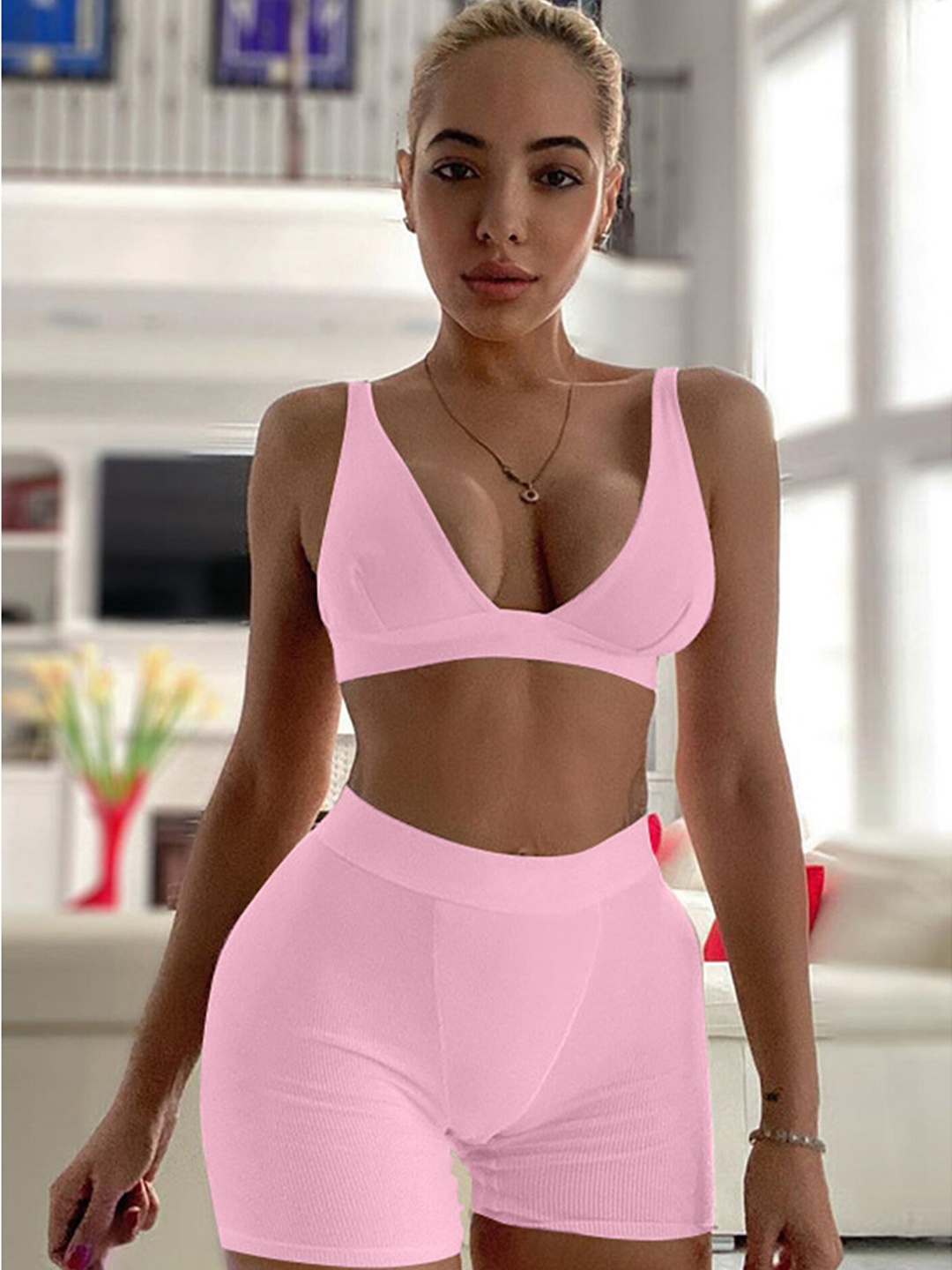 

LULU & SKY Shoulder Straps Crop Top With Shorts, Pink