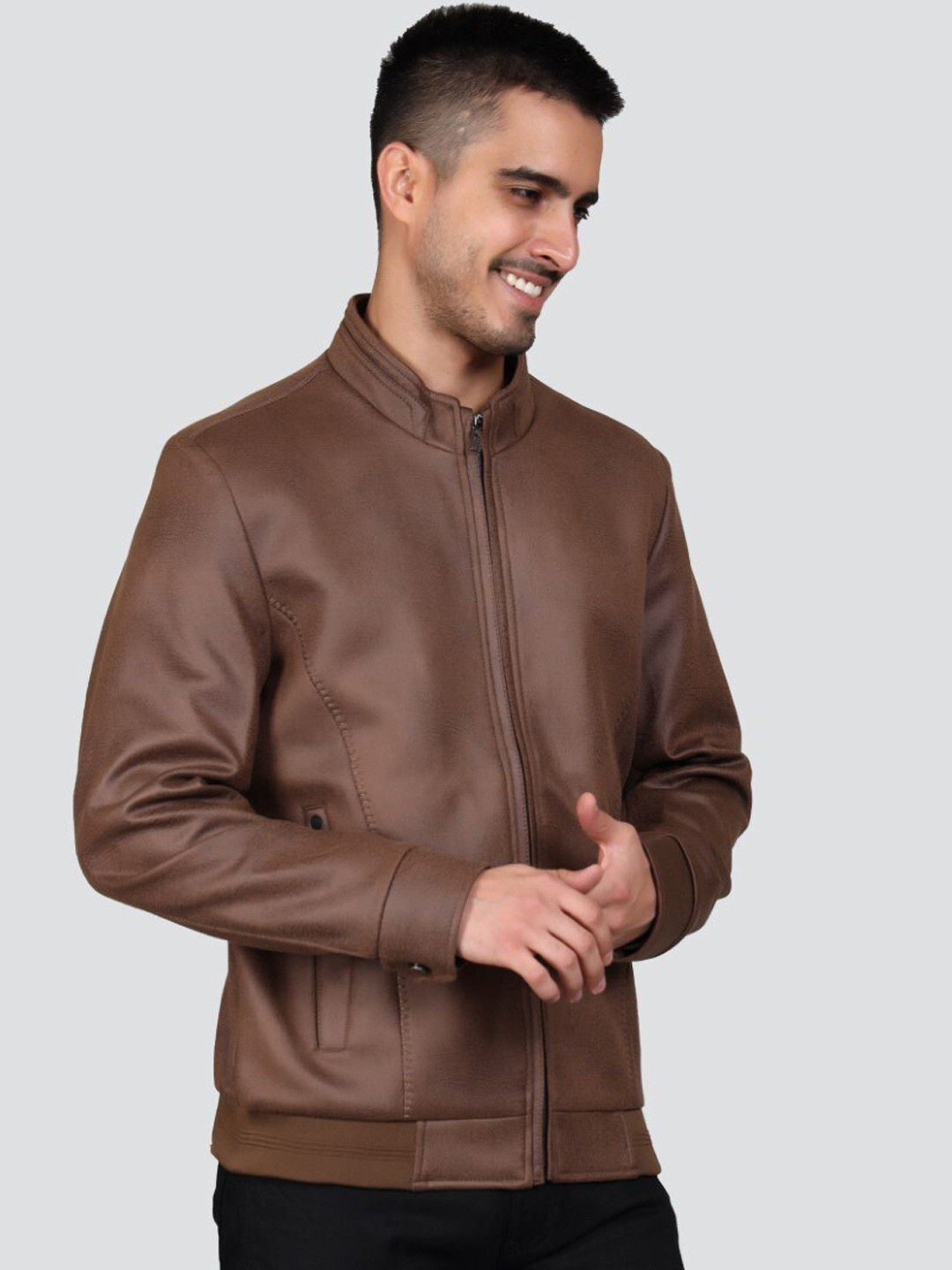 

YOUNG CLUB CLASSIC Stand Collar Open Front Jacket, Brown
