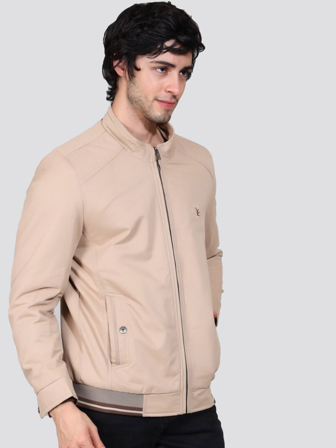 

YOUNG CLUB CLASSIC Mock Collar Cotton Bomber Jacket, Khaki