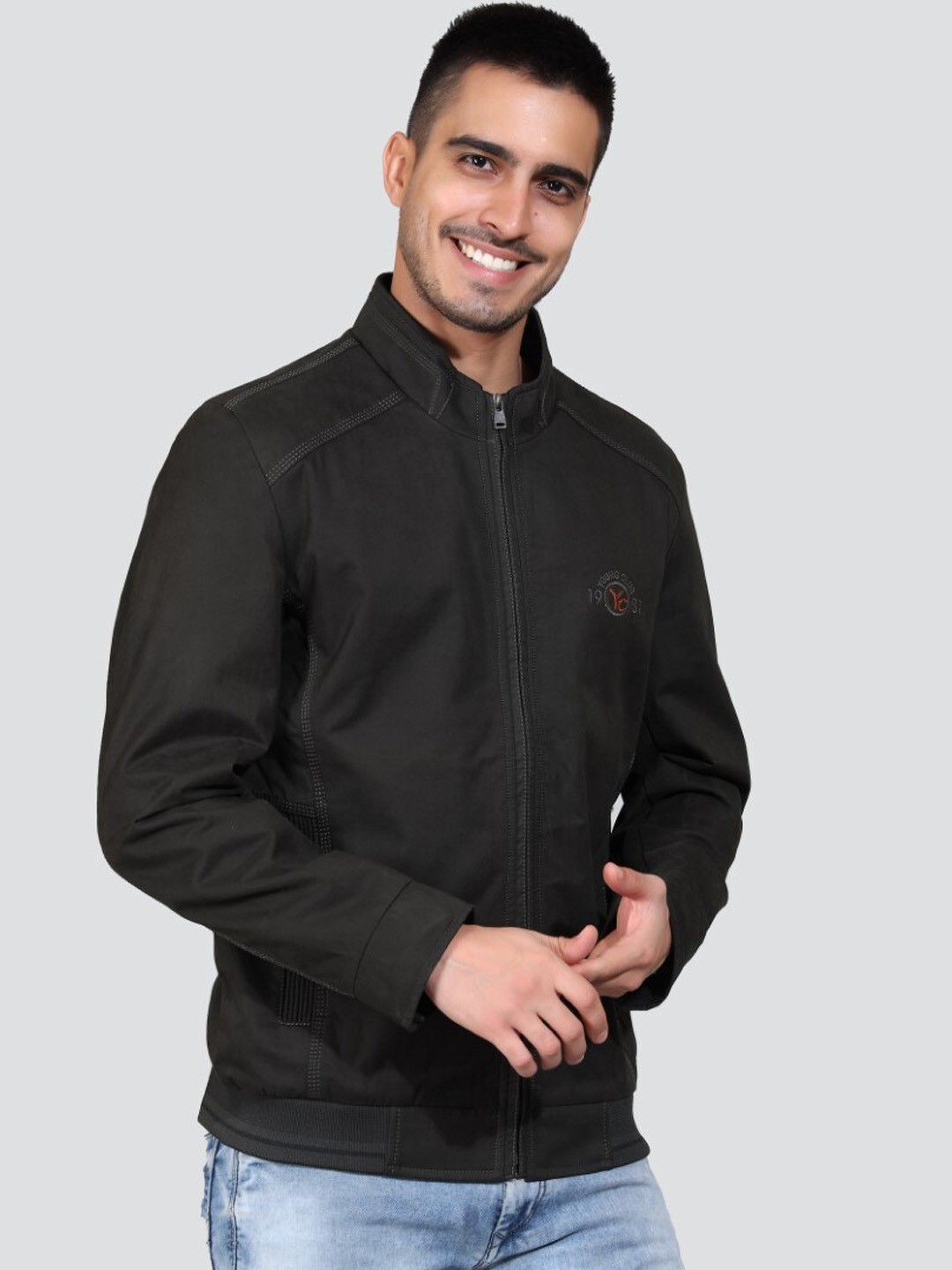 

YOUNG CLUB CLASSIC Mock Collar Cotton Bomber Jacket, Black