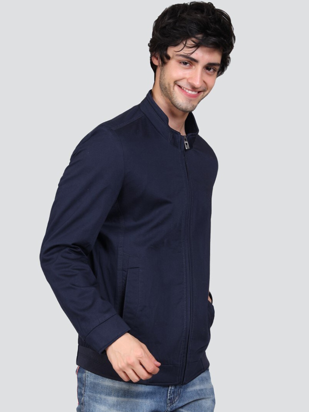 

YOUNG CLUB CLASSIC Mock Collar Cotton Bomber Jacket, Navy blue