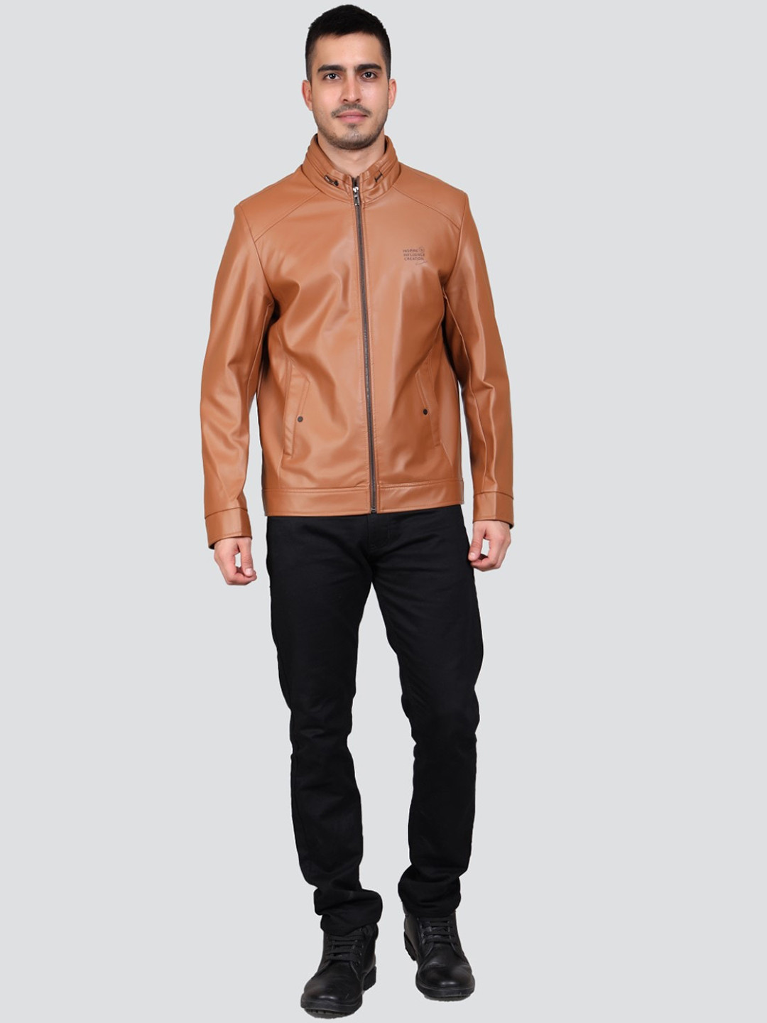 

YOUNG CLUB CLASSIC Mock Collar Leather Jacket, Brown