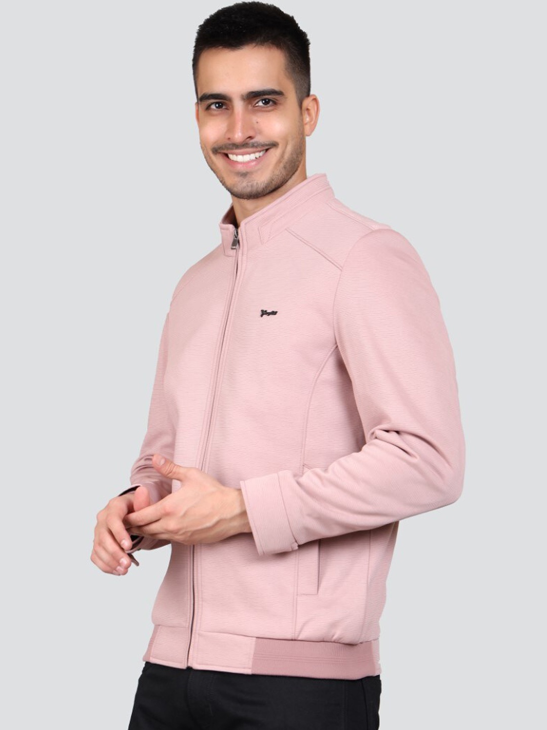 

YOUNG CLUB CLASSIC Mock Collar Long Sleeves Cotton Bomber Jacket, Pink