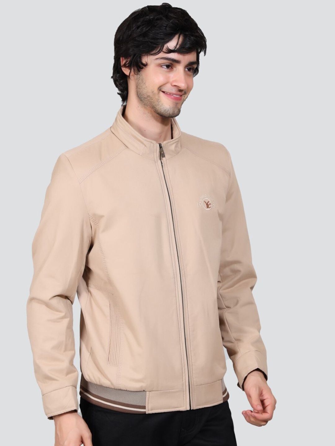 

YOUNG CLUB CLASSIC Mock Collar Cotton Bomber Jacket, Khaki