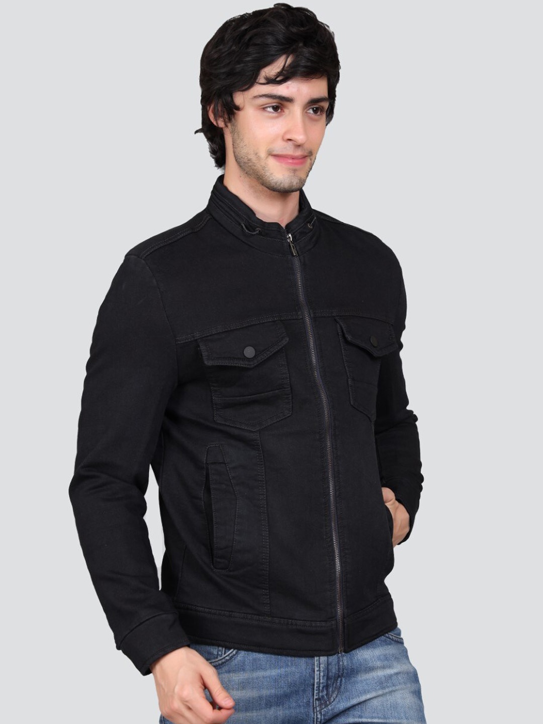 

YOUNG CLUB CLASSIC Mock Collar Denim Jacket, Black