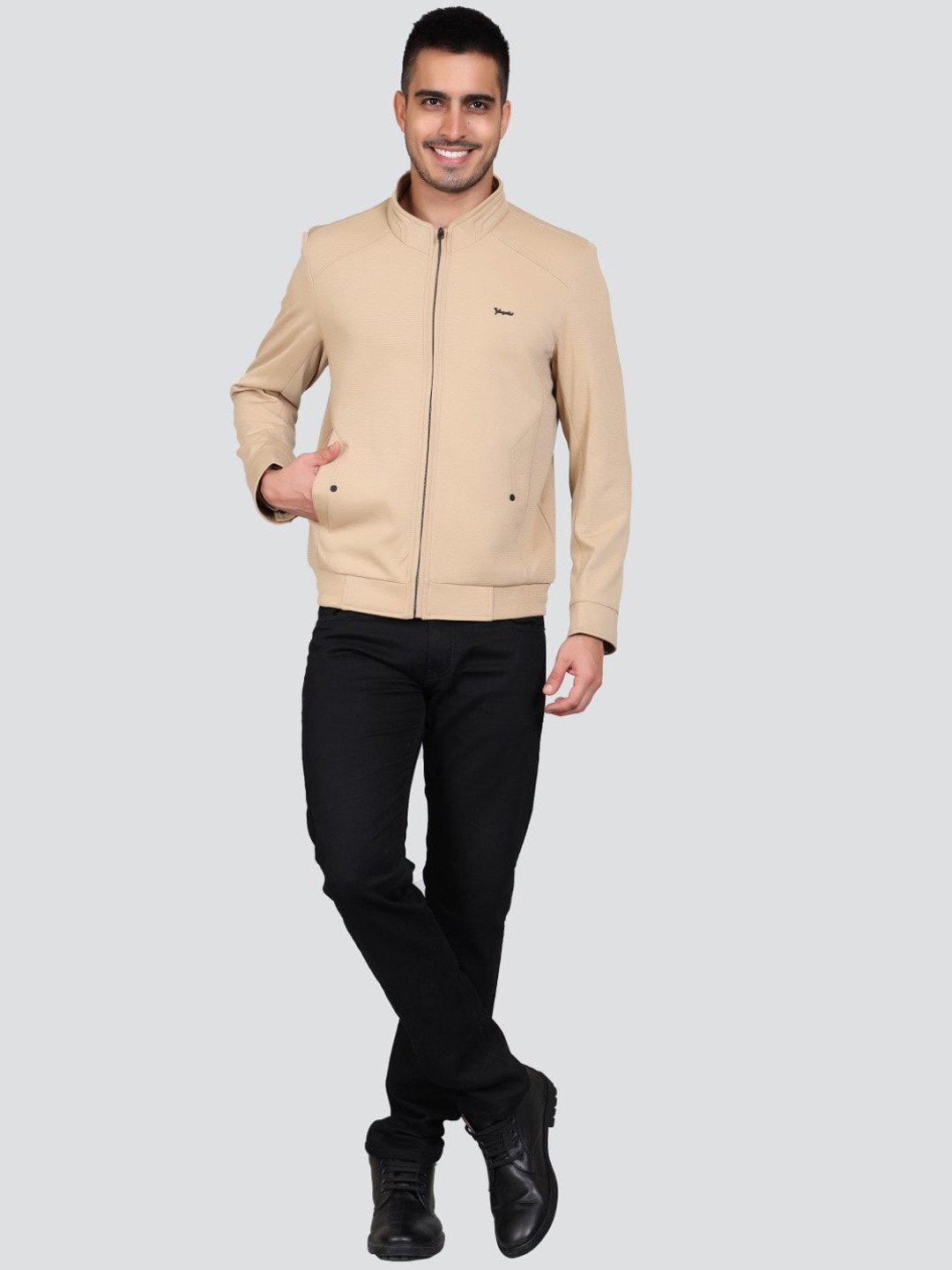 

YOUNG CLUB CLASSIC Stand Collar Open Front Jacket, Khaki