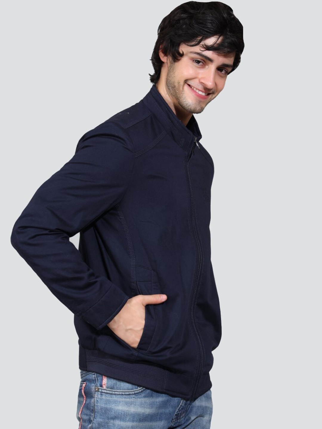 

YOUNG CLUB CLASSIC Stand Collar Bomber Jacket, Navy blue