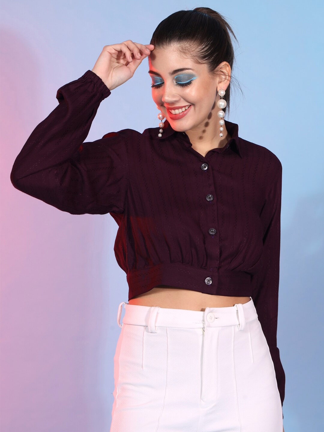 

Mitera Purple Self Design Shirt Style Crop Top