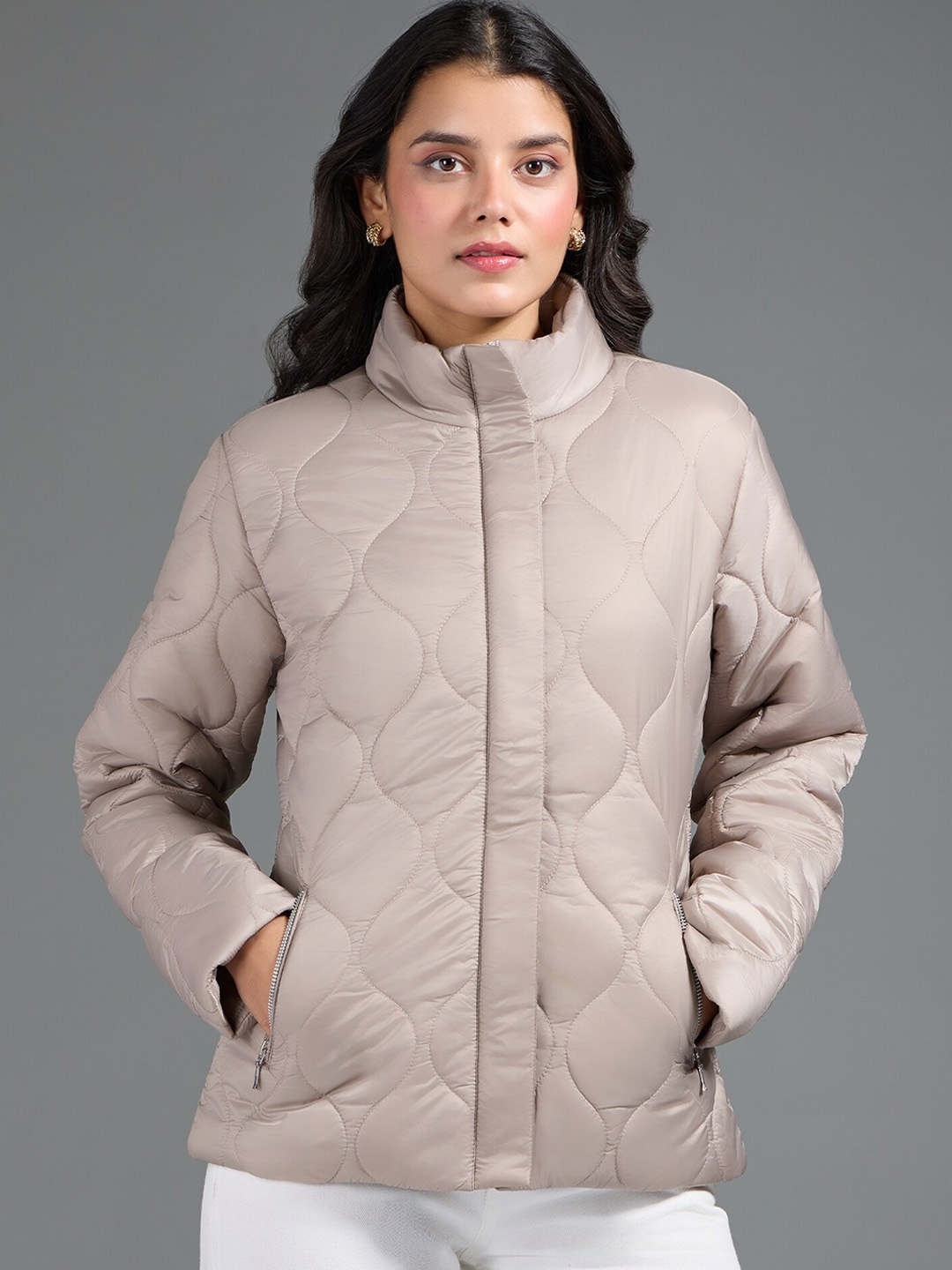 

20Dresses Grey Mock Collar Long Sleeves Puffer Jacket