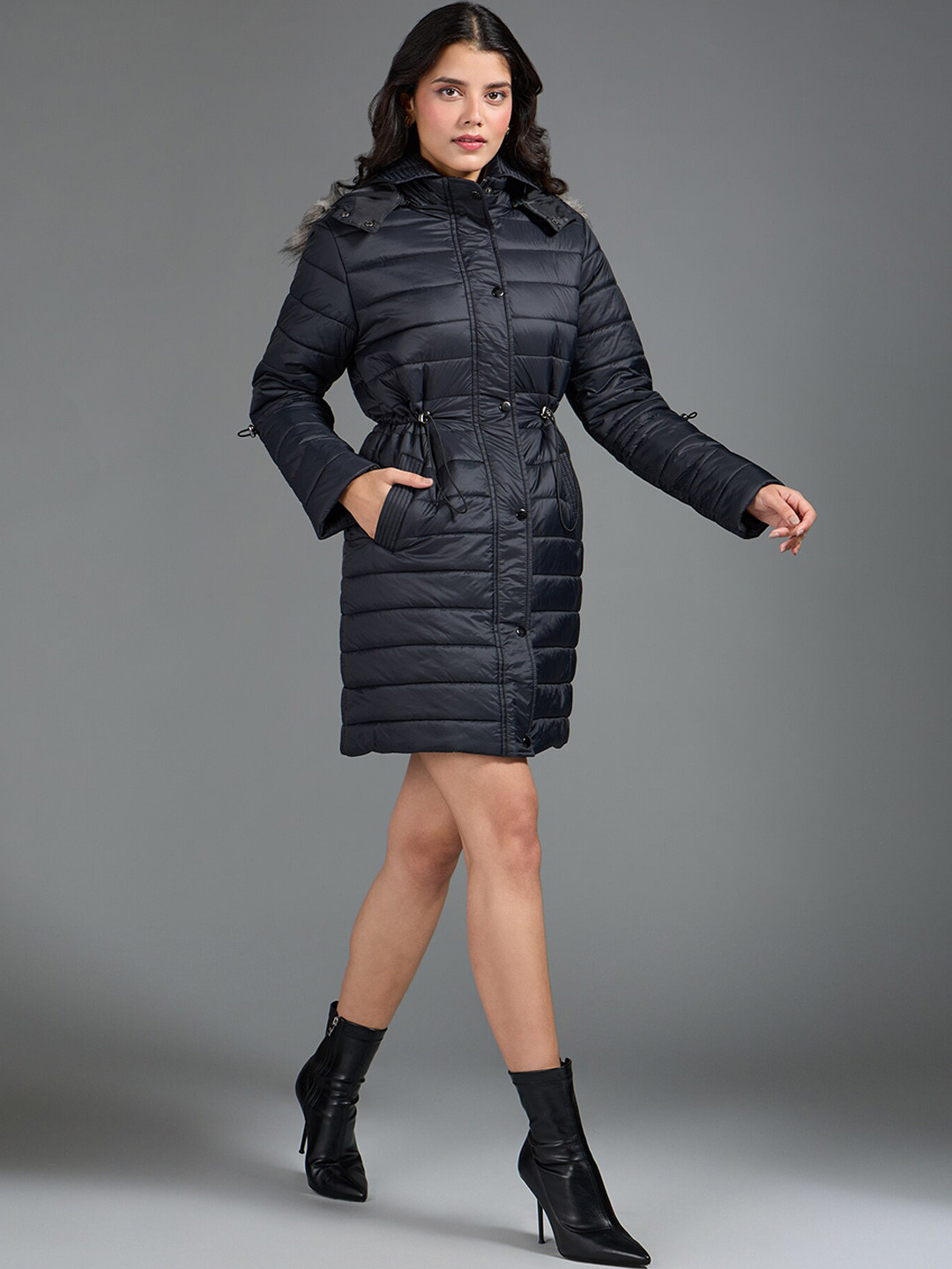 

20Dresses Black Hooded Longline Faux Fur Trim Quilted Jacket