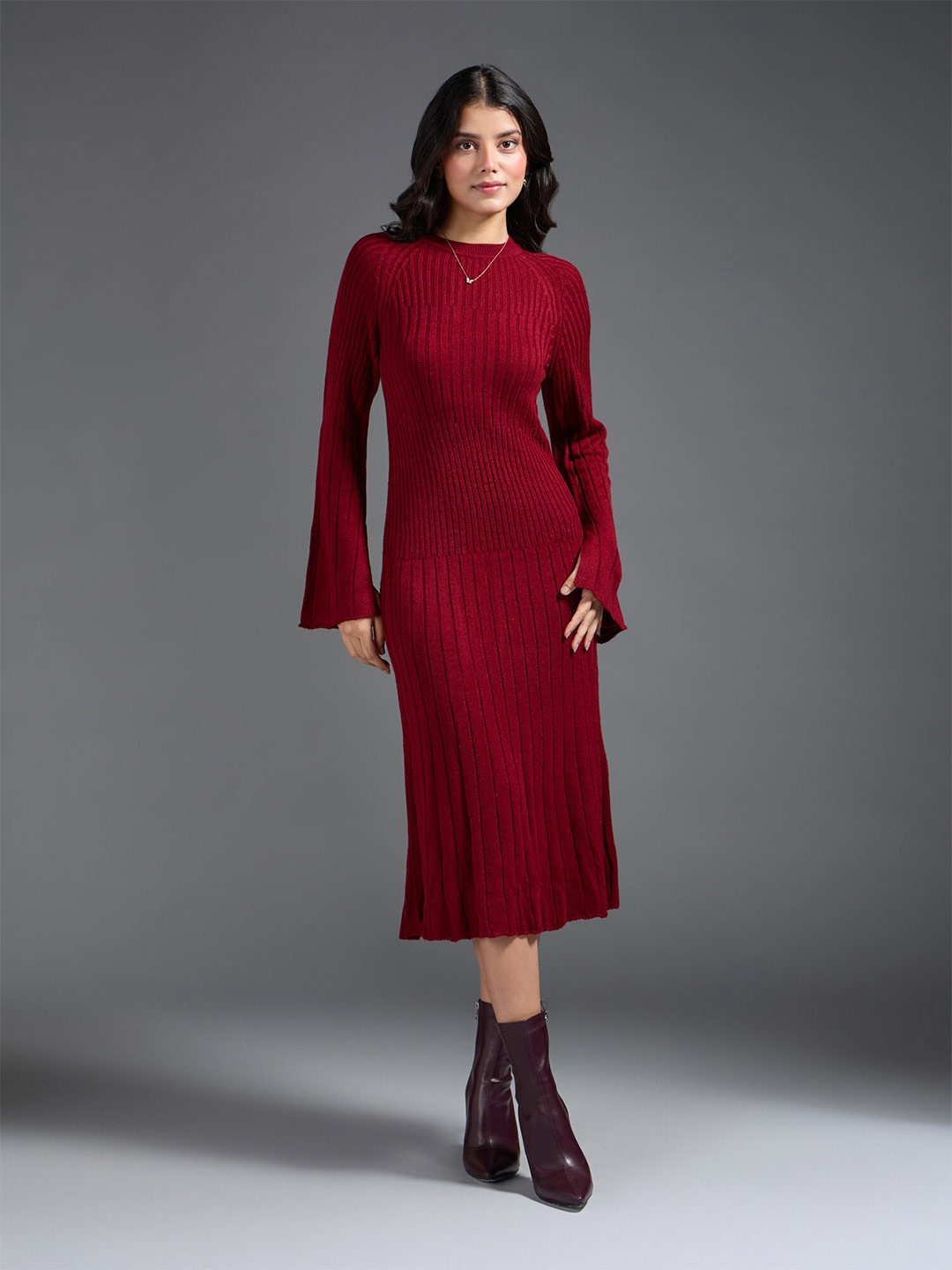 

20Dresses Maroon Round Neck Long Sleeves Acrylic A-Line Midi Dress