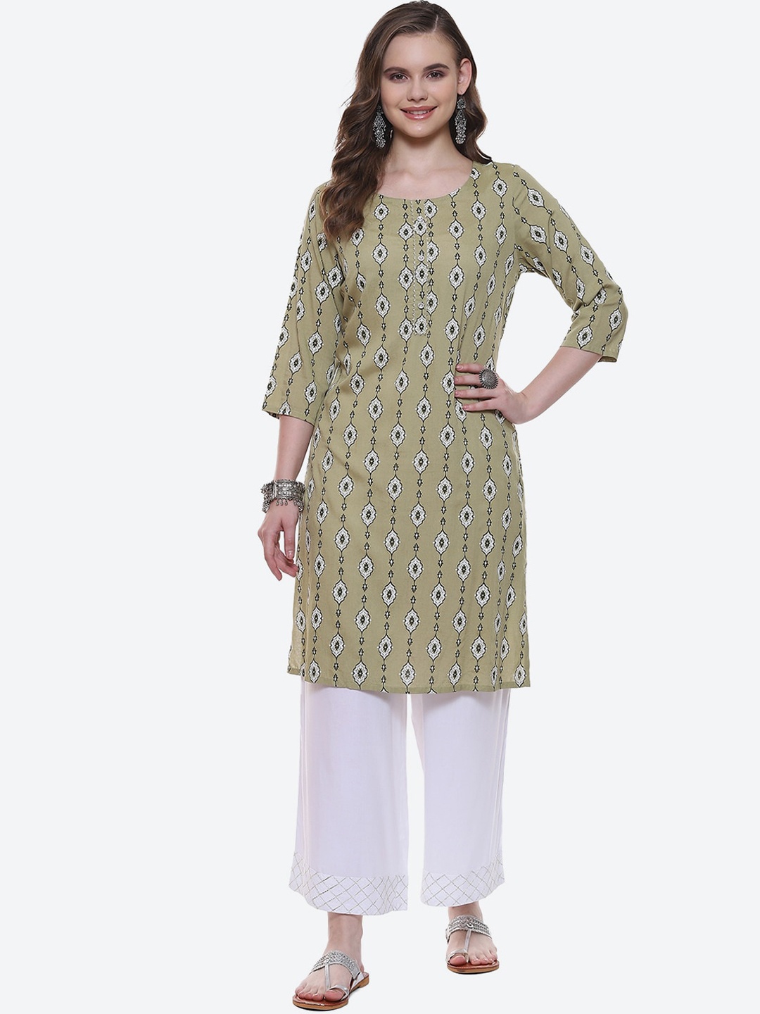 

2Bme Ethnic Motifs Printed Straight Kurta, Brown